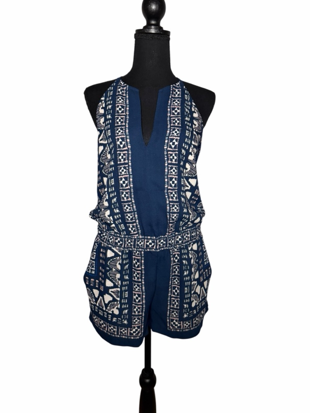 BCBGMaxAzria Navy and White Printed Halter Romper XS